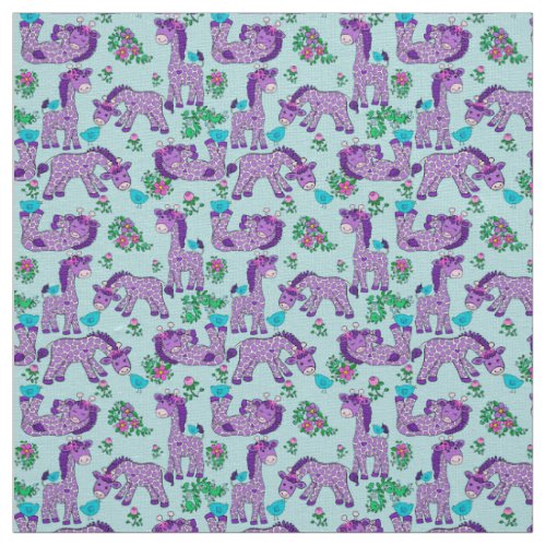 FABRIC Whimsical Baby Giraffes Birds Purple Teal