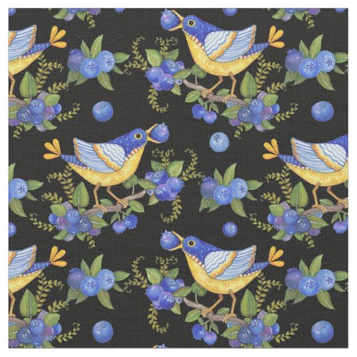 FABRIC WHIMSICAL BIRD BLUEBERRIES ON BLACK