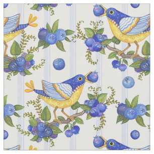 FABRIC WHIMSICAL BIRD & BLUEBERRIES STRIPE BLUE