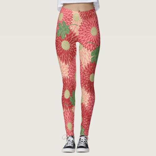 Fabric with a Pink Chrysanthemum pattern Leggings