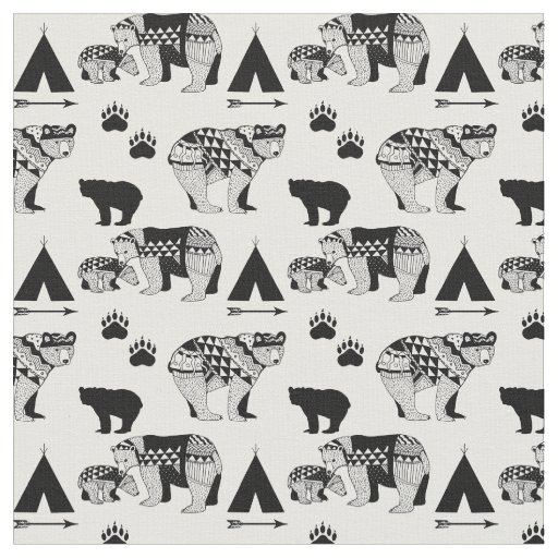 FABRIC Woodland Tribal Bears Black on White Boy