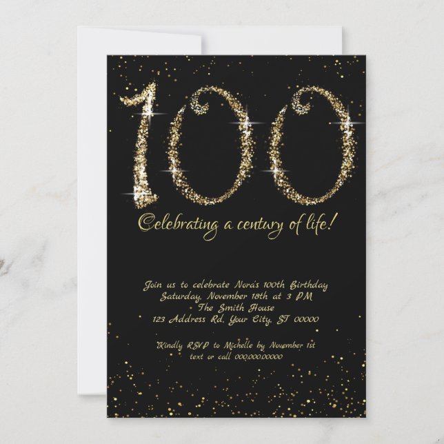Fabulous 100th Birthday, Gold Glitter Invitation (Front)