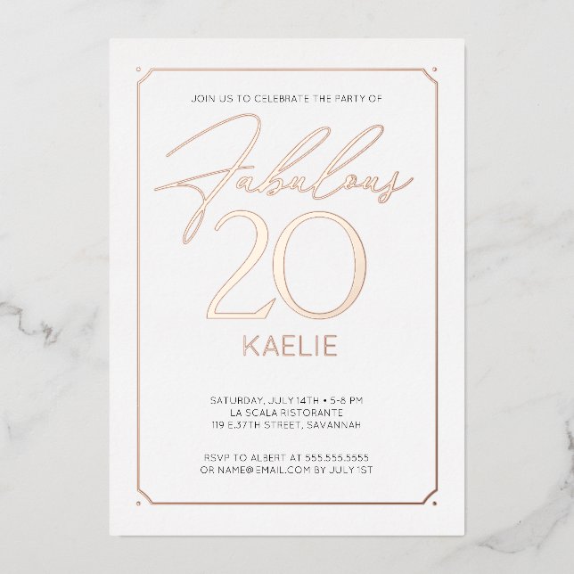 Fabulous 20 Elegant 20th Birthday Foil Invitation (Front)