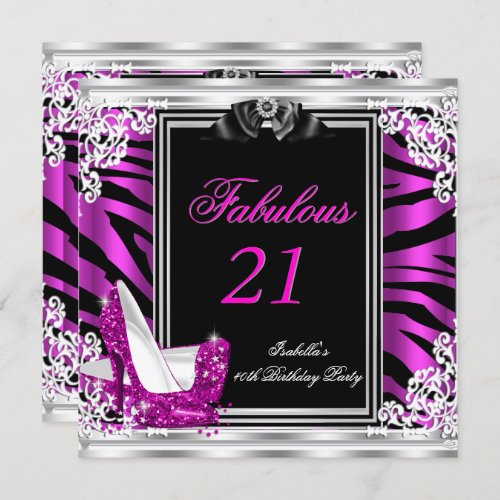 Fabulous 21 21st Birthday Party Zebra Hot Pink 2 Invitation