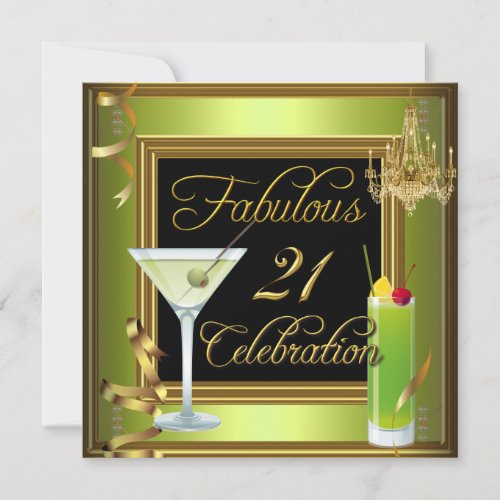 Fabulous 21 Celebration Gold Green Birthday Party Custom Invitations