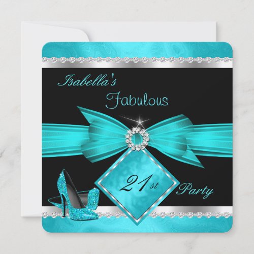 Fabulous 21 Teal Black Silver Birthday Party Invitation
