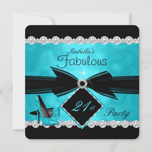 Fabulous 21 Teal Black Silver Birthday Party Invitation