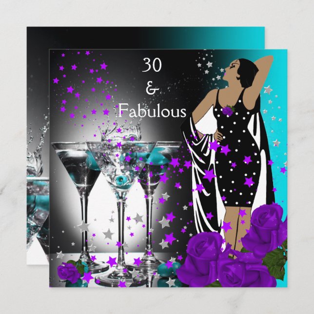 Fabulous 30 30th Birthday Teal Purple Roses Invitation (Front/Back)