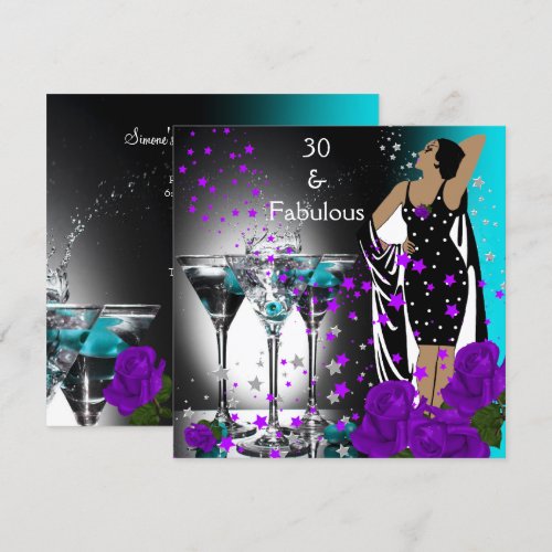 Fabulous 30 30th Birthday Teal Purple Roses Custom Announcements