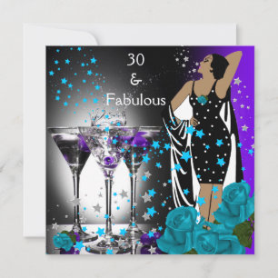 Fabulous 30 30th Birthday Teal Roses Purple Invitation