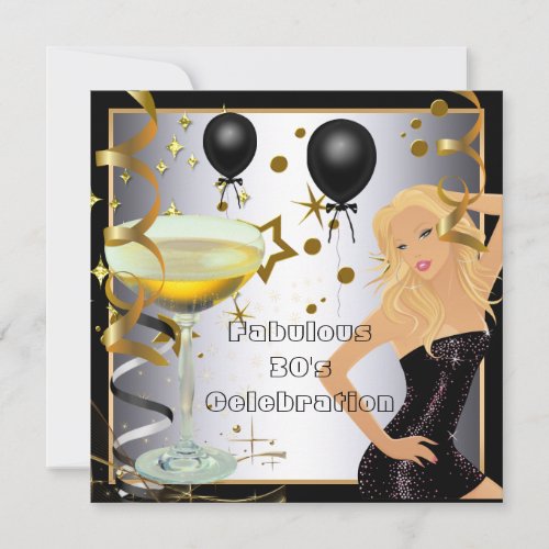 Fabulous 30 30th Silver Gold Black Birthday Party Invitation