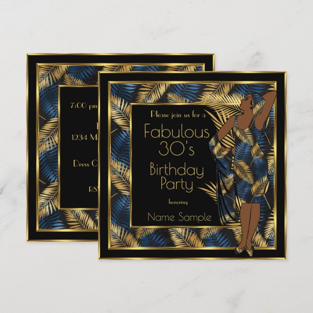 Fabulous 30 Birthday Party Gold Blue Palms Lady 2  Invitation (Front/Back)