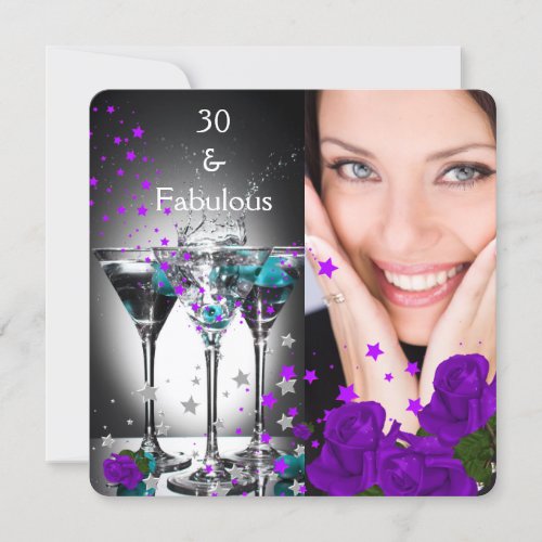 Fabulous 30 Birthday Teal Purple Roses Photo 2 Invitation