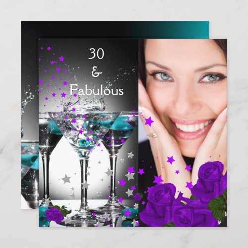 Fabulous 30 Birthday Teal Purple Roses Photo 3 Invitation