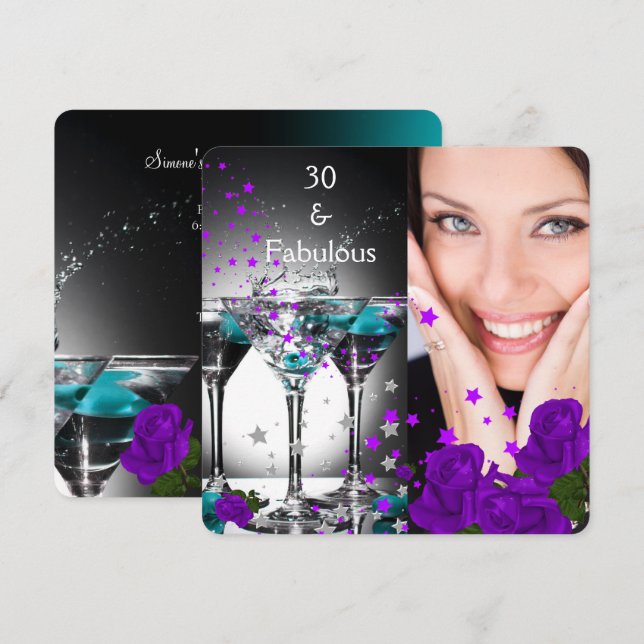 Fabulous 30 Birthday Teal Purple Roses Photo 4 Invitation (Front/Back)