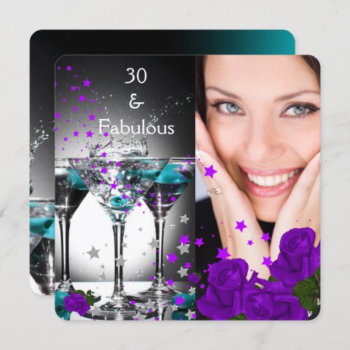 Fabulous 30 Birthday Teal Purple Roses Photo 4 Invitation