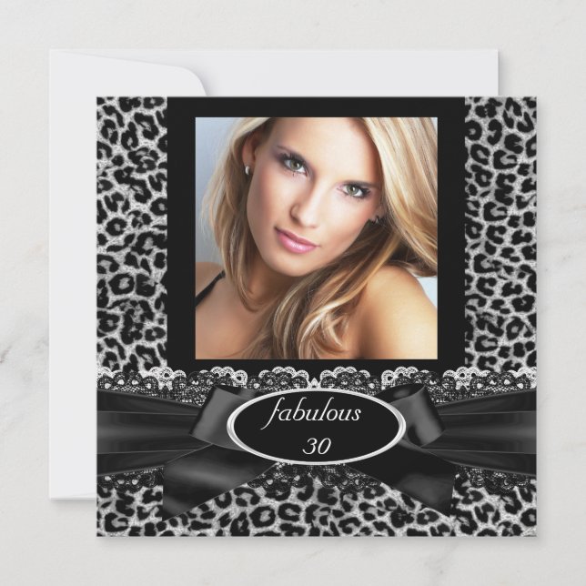 Fabulous 30 Black White Leopard Photo Birthday Invitation (Front)