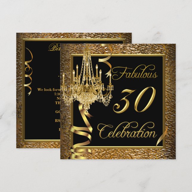 Fabulous 30 Celebration Gold Black Chandelier Invitation (Front/Back)