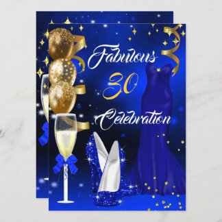 Fabulous 30 Champagne Party Royal Blue Heels Gold Invitation