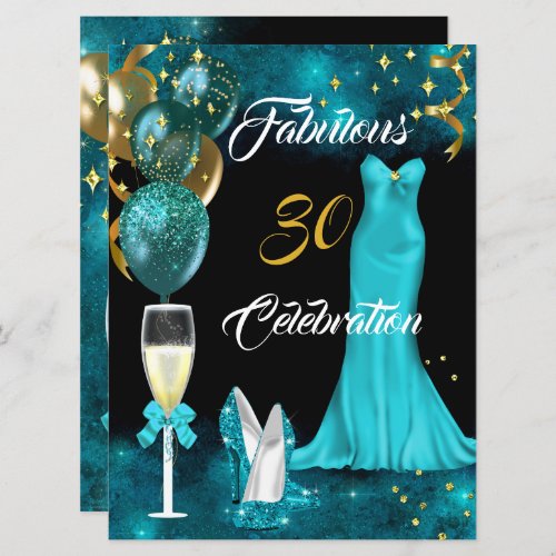 Fabulous 30 Champagne Party Teal Blue Heels Gold Invitation