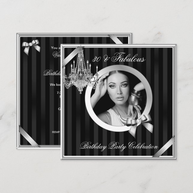 Fabulous 30 Elegant Chandelier Silver Black Photo Invitation (Front/Back)