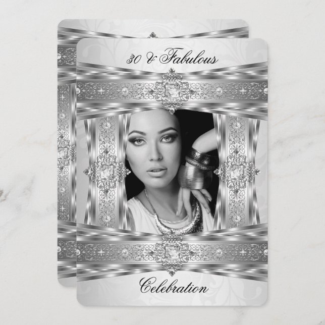 Fabulous 30 Elegant Diamond Gem Silver White Photo Invitation (Front/Back)