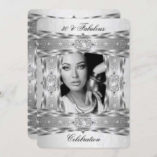 Fabulous 30 Elegant Diamond Gem Silver White Photo Invitation