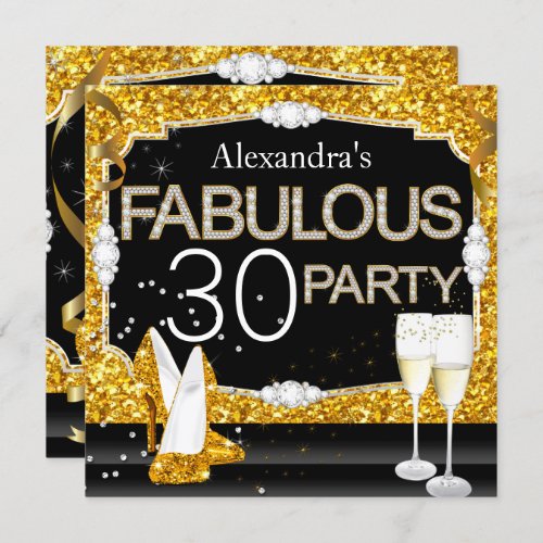 Fabulous 30 Gold Black Glamour Birthday Party Invitation