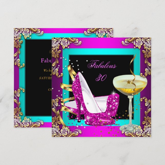 Fabulous 30 Hot Pink Teal Glitter Gold Party Invitation (Front/Back)