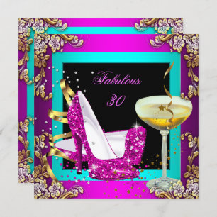 Fabulous 30 Hot Pink Teal Glitter Gold Party Invitation
