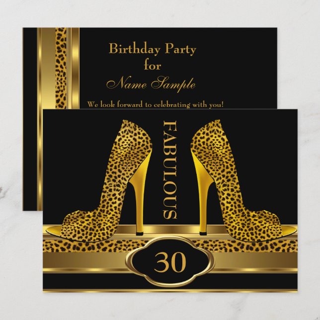 Fabulous 30 Leopard Gold Cheetah High Heels Party Invitation (Front/Back)