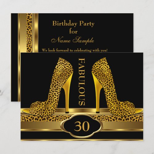 Fabulous 30 Leopard Gold Cheetah High Heels Party Personalized Announcements