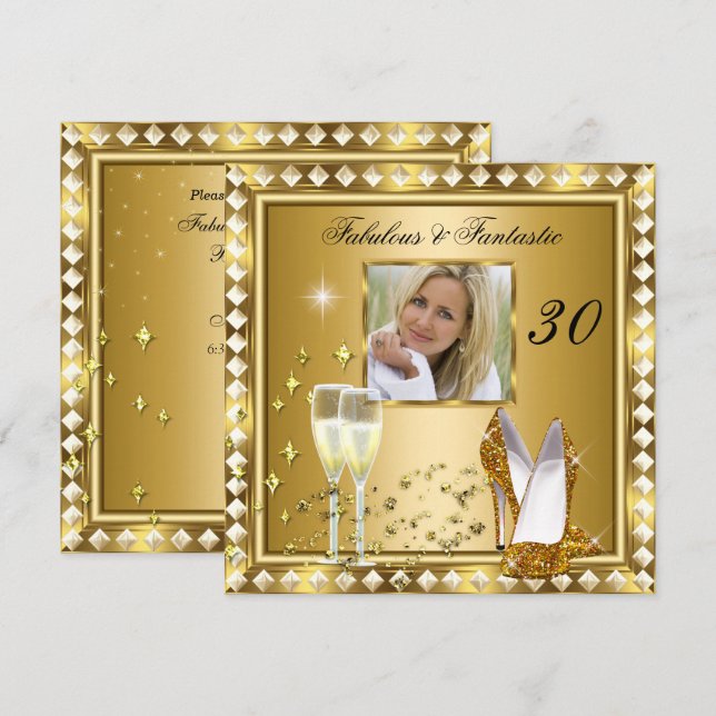 Fabulous 30 Photo Gold Glam Hollywood Birthday 5 Invitation (Front/Back)