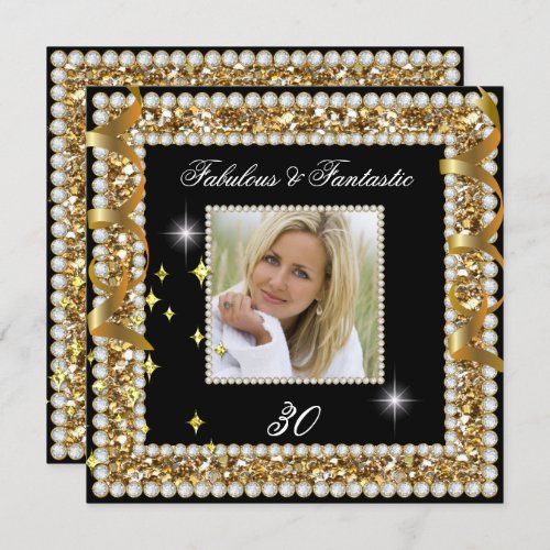 Fabulous 30 Photo Gold Glamour Hollywood Birthday Invitation