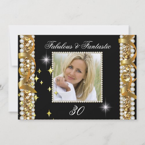 Fabulous 30 Photo Gold Glamour Hollywood Birthday Invitation