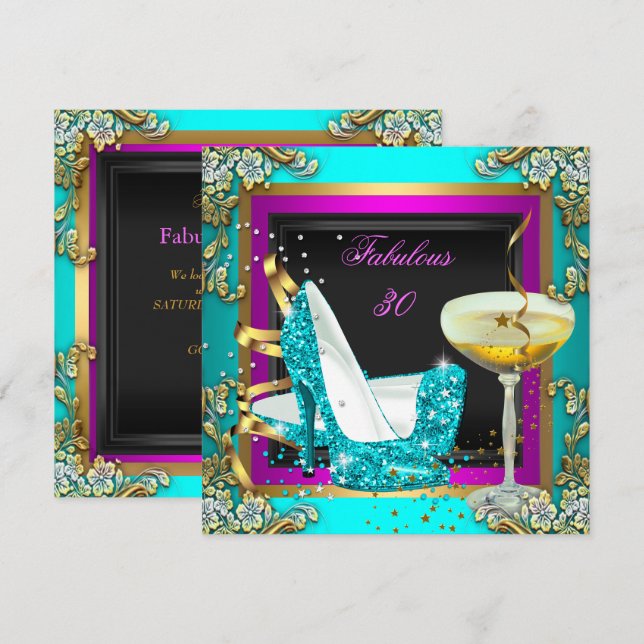 Fabulous 30 Pink Teal Glitter Gold Birthday Party Invitation (Front/Back)