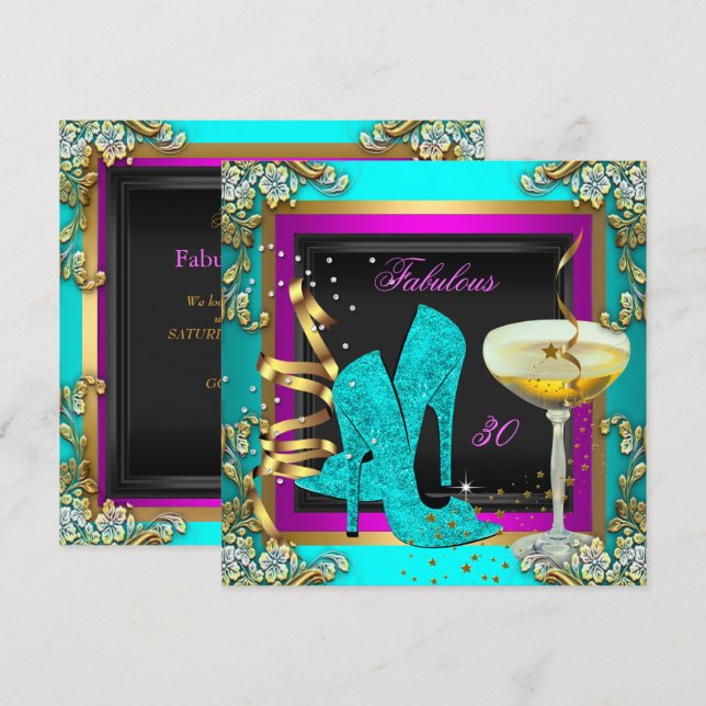 Fabulous 30 Pink Teal Gold Birthday Party Invitation (Front/Back)