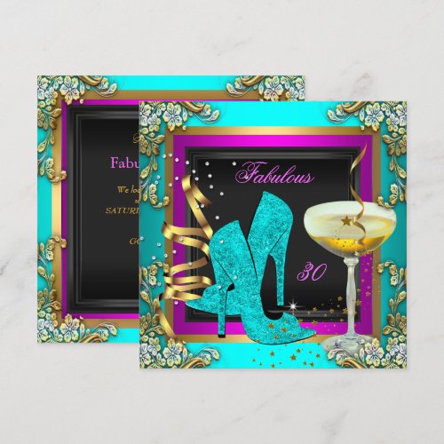 Fabulous 30 Pink Teal Gold Birthday Party Announcement