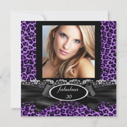 Fabulous 30 Purple Black Leopard Photo Birthday Invitation