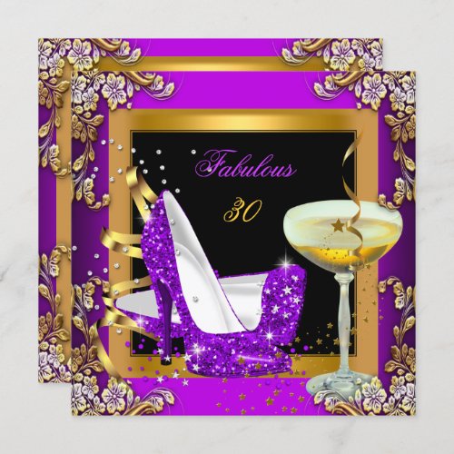 Fabulous 30 Purple Glitter Gold Birthday Party Invitation