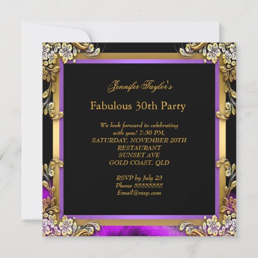 Fabulous 30 Purple Gold Black Birthday Party Invitation | Zazzle