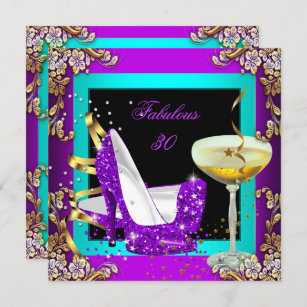Fabulous 30 Purple Teal Glitter Gold Party Invitation
