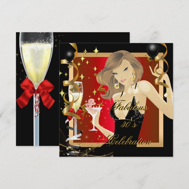 Fabulous 30 Red Gold Black Birthday Party Invitation (Front/Back)