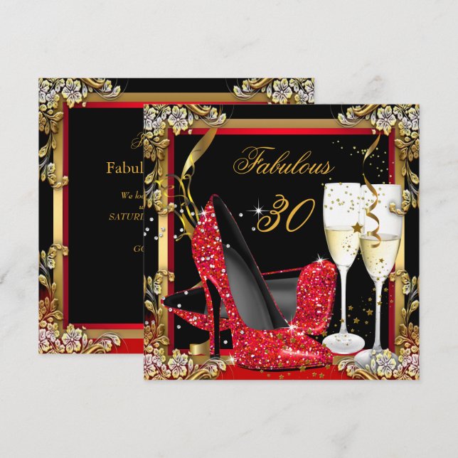 Fabulous 30 Red Heels Gold Black Champagne Party Invitation (Front/Back)