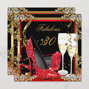 Fabulous 30 Red Heels Gold Black Champagne Party Invitation