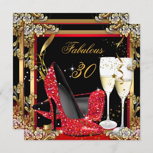 Fabulous 30 Red Heels Gold Black Champagne Party Invitation