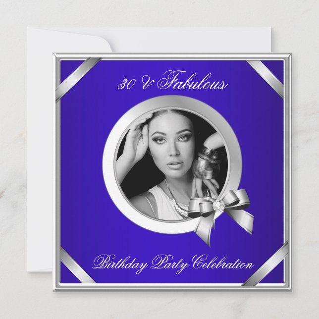 Fabulous 30 Royal Blue Diamond Silver Photo Invitation (Front)