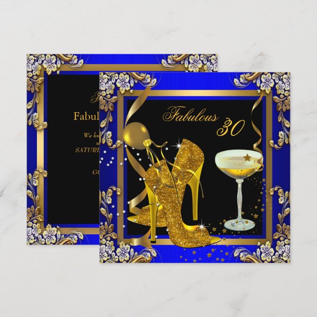 Fabulous 30 Royal Blue Gold Birthday Party Invitation (Front/Back)