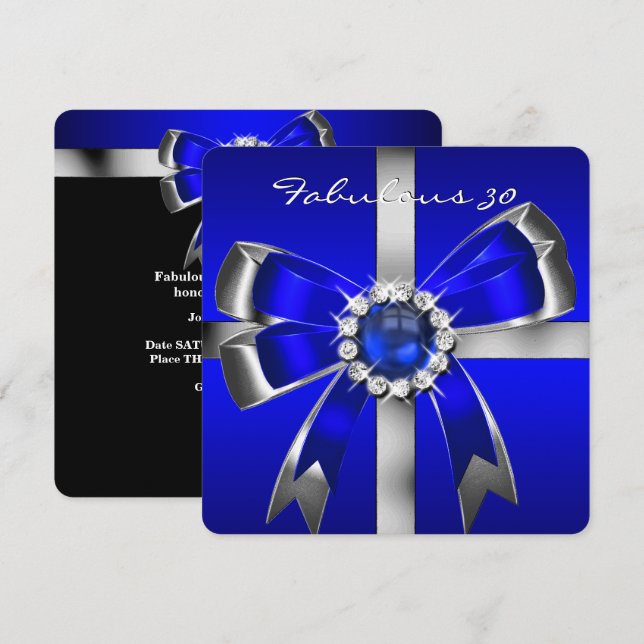 Fabulous 30 Royal Blue Pearl Silver Birthday Party Invitation (Front/Back)