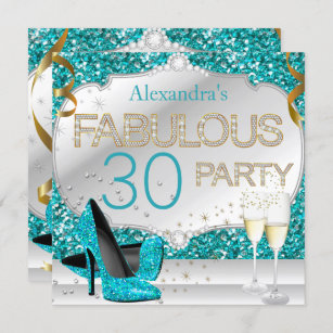 Fabulous 30 Teal Glitter Glamour Birthday Party Invitation